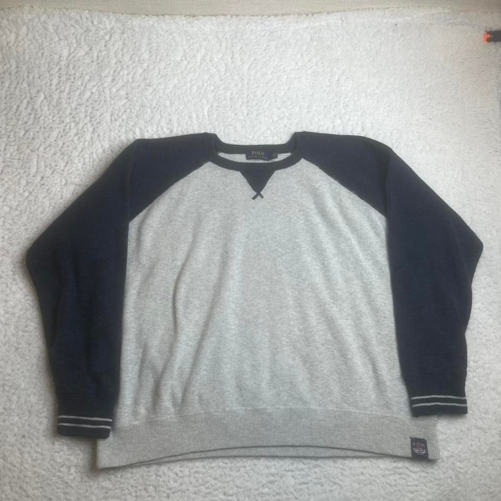 Polo Ralph Lauren men's grey‎ and blue Ragland baseball sweater pullover xxl